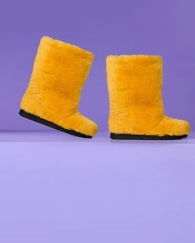 Pre-owned Litvin Yellow Sheepskin Fur Boots For Women, Winter Snow Furry Boots, Moutons,handmade In Pink