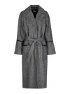 Liu •jo Herringbone Pattern Coat With Sequin Embellishments And Belted Waist In Gray