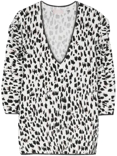 Liu •jo Animal-print V-neck Knit Top In Black