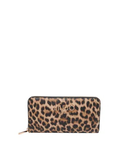 Liu •jo Animalier Leopard Print Logo Wallet In Brown