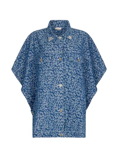 Liu •jo Animal-print Denim Cape In Blue