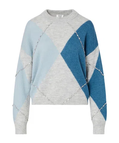 Liu •jo Argyle Crystal-embellished Sweater In White