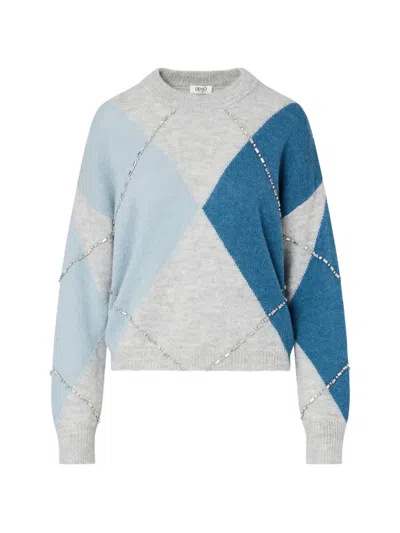 Liu •jo Argyle Crystal-embellished Sweater In Blue