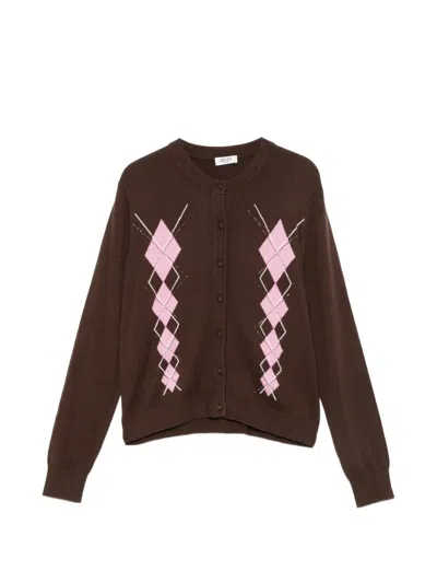 Liu •jo Argyle Rhinestone-embellished Cardigan In Brown