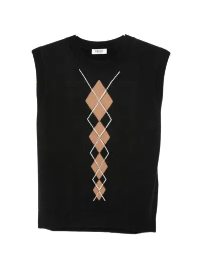 Liu •jo Argyle-pattern Sleeveless Top In Black