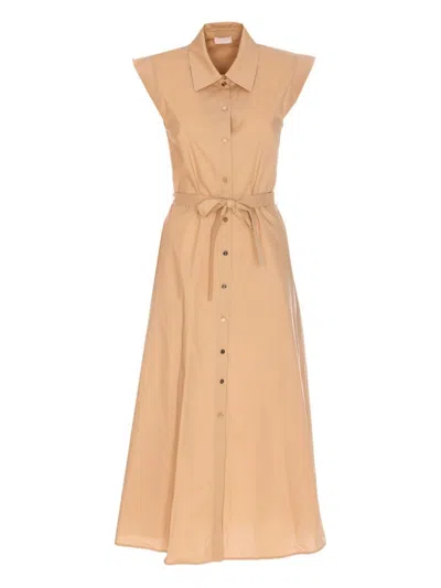 Liu •jo Liu Jo Beige Midi Dress With Classic Collar In Nude