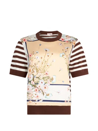 Liu •jo Beige Striped Floral Print Sweater In Brown