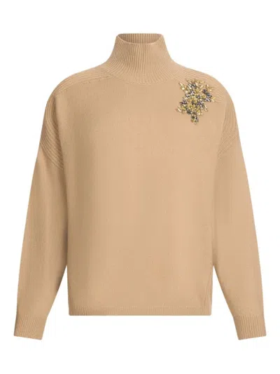 LIU •JO BEIGE WOOL SWEATER WITH HIGH RIBBED NECKLINE