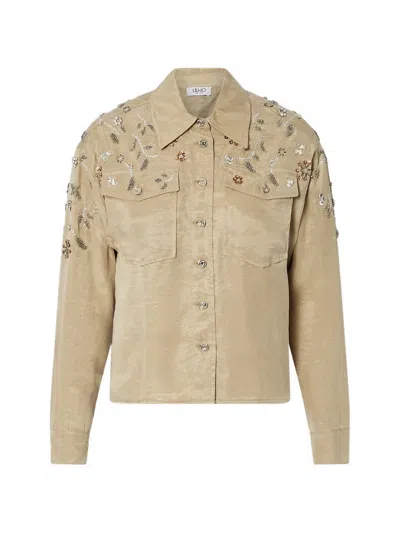 Liu •jo Bejewelled-appliqué Button-up Shirt In Neutral