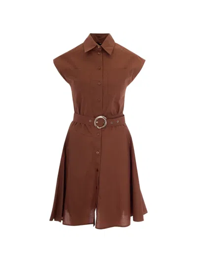 Liu •jo Belted Button-down Cotton Mini Shirt Dress In Brown