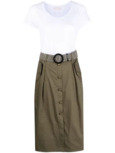 Liu •jo Belted Cotton Midi Dress In Bianco E Verde