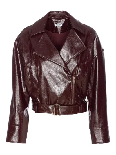 Liu •jo Belted Faux-leather Jacket In Burgundy