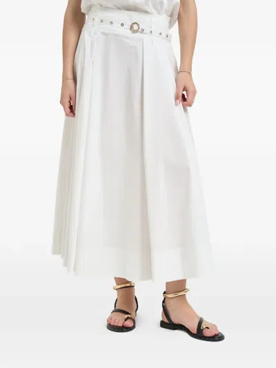 Liu •jo Belted Pleated Cotton Midi Skirt In White