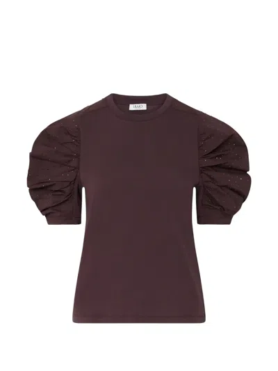 Liu •jo Bi-material T-shirt With Puff Sleeves In Purple