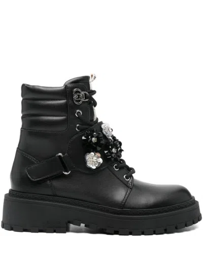 LIU •JO BLACK ANKLE BOOTS WITH FLORAL EMBELLISHMENTS
