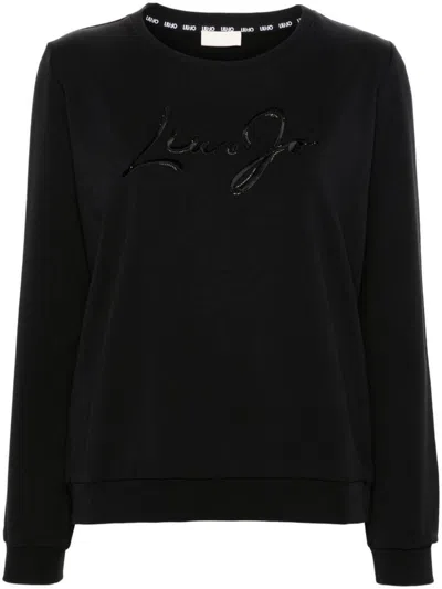 LIU •JO BLACK COTTON SWEATSHIRT WITH EMBROIDERED LOGO 