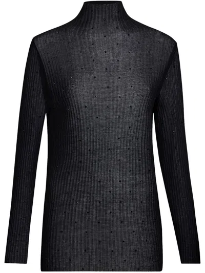 LIU •JO BLACK SEMI-TRANSPARENT RIBBED COTTON TOP WITH RHINESTONES