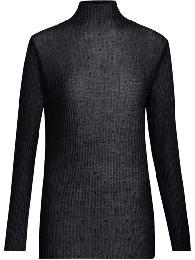 Liu •jo Liu Jo Black Semi-transparent Ribbed Cotton Top With Rhinestones