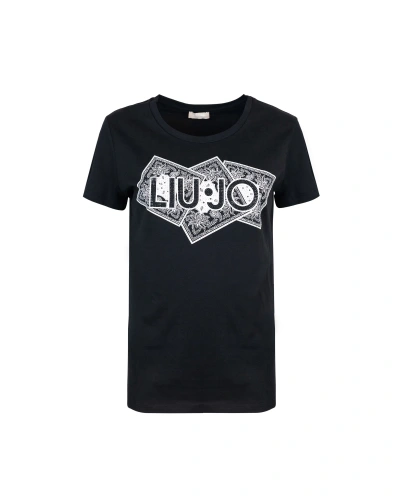 Liu •jo Black T-shirt With Logo And Rhinestones In N9370nero Liujo Foul