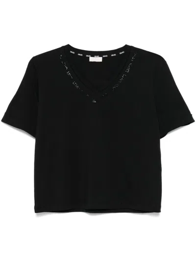 Liu •jo Black V-neck T-shirt In Multicolour