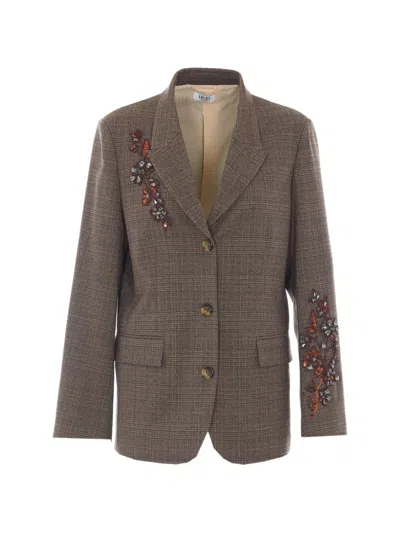 Liu •jo Blazer Prince Of Wales Check With Rhinestones Tartan In Brown