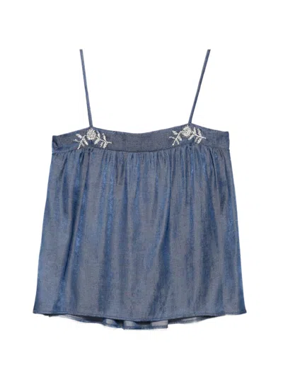 Liu •jo Blue Denim-like Floral Tank Top In Black