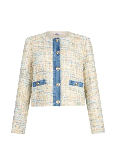 Liu •jo Bouclé Denim-trim Jacket In Neutral