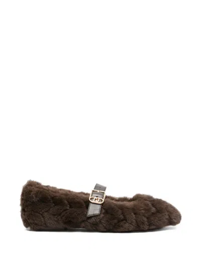 Liu •jo Braided Faux-fur Ballet Flats In Brown