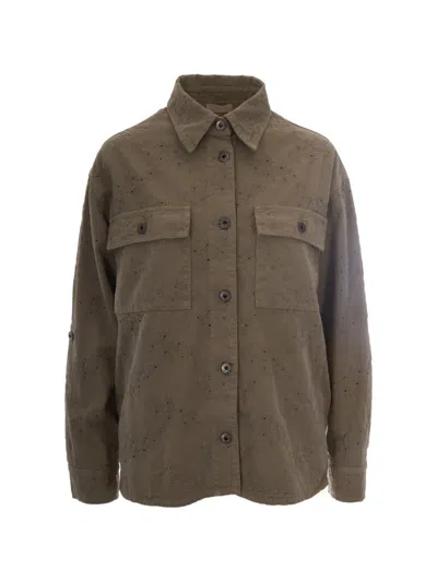 Liu •jo Embroidered Cotton Shirt With Flap Pockets And Button Closure In Brown