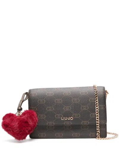 LIU •JO BROWN LEATHER CROSSBODY BAG WITH PLUSH HEART.