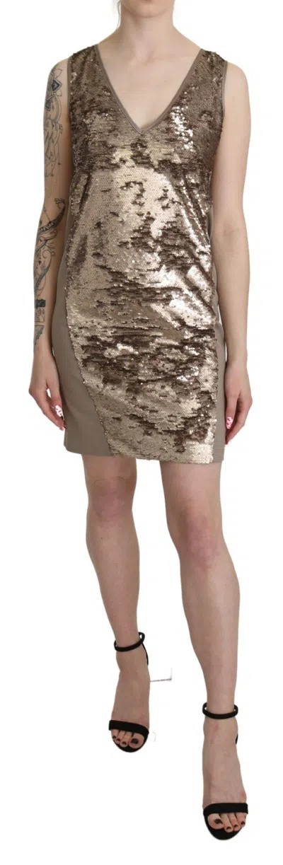 Liu •jo Liu Jo Brown Sequined V-neck Sleeveless Sheath Mini Women's Dress
