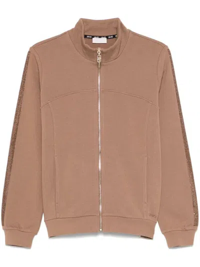 Liu •jo Liu Jo Brown Zip-up Sweatshirt Embellished On The Sleeves