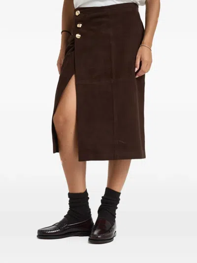 Liu •jo Button-embellished Wrap-style Midi Skirt In Brown
