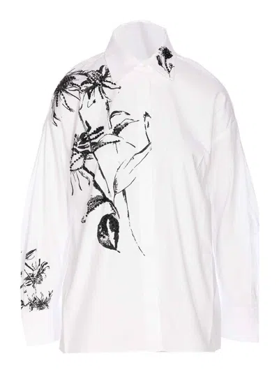 Liu •jo White Cotton Poplin Shirt With Black Floral Print And Rhinestone Details