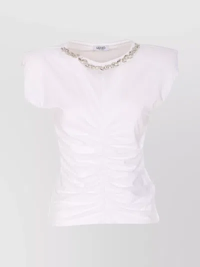 Liu •jo Cap Sleeve Embellished Crewneck Top In White