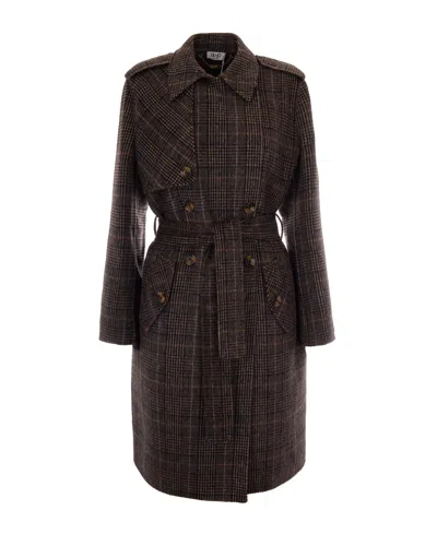 Liu •jo Classic Camel Check Long Coat With Adjustable Waistbelt In Brown