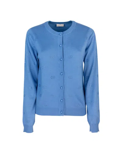Liu •jo Blue Cardigan With Logo And Rhinestones
