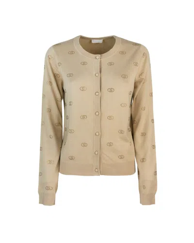 Liu •jo Cardigan Beige Con Logo E Strass In Brown