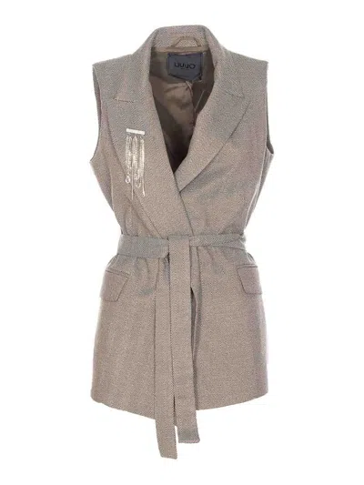 Liu •jo Tailored Sleeveless Jacket With Belted Waist In Brown