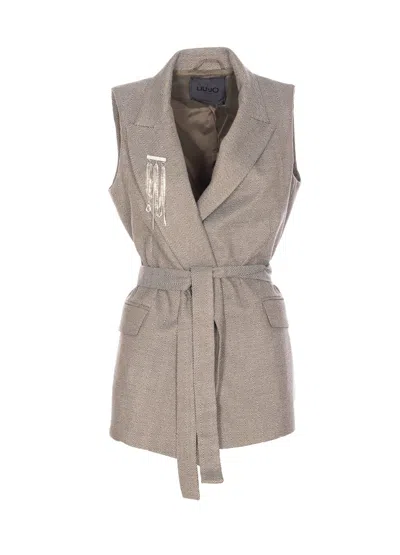 Liu •jo Tailored Sleeveless Jacket With Belted Waist In Brown