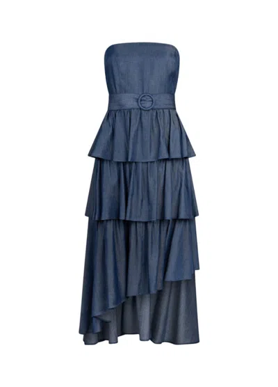 Liu •jo Chic Midi Dress With Bustier Cut And Asymmetrical Ruffles In Blue