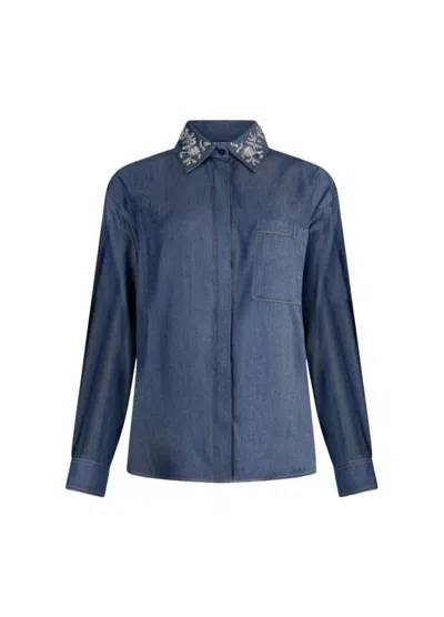 Liu •jo Classic Denim Shirt With Removable Floral Collar In Blue