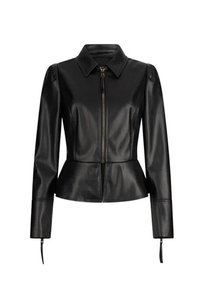 Liu •jo Coated Fabric Peplum Jacket With Zip Cuffs And Metal Logo In Black