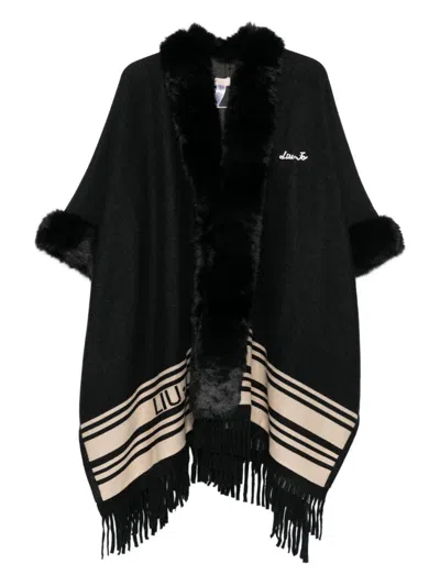 Liu •jo Fur-trimmed Striped Poncho In Black