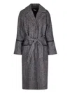 Liu •jo Herringbone Pattern Coat With Sequin Embellishments And Belted Waist In Gray