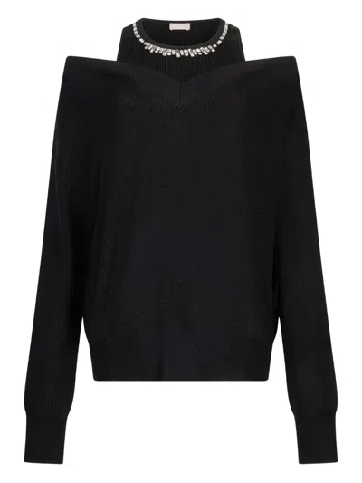 Liu •jo Cold-shoulder Embellished-neck Sweater In Black