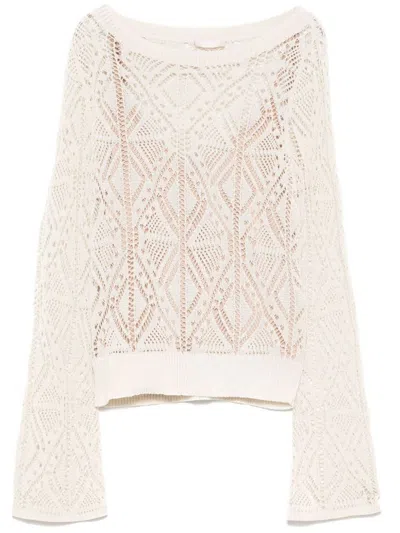 Liu •jo Cotton Knit Sweater In Sand Beige With Openwork Pattern