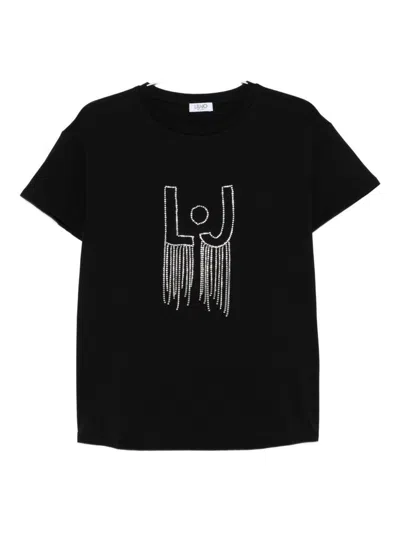 Liu •jo Crew Neck T-shirt With Rhinestones In Black