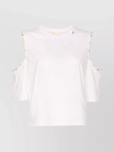 Liu •jo Crewneck Cold Shoulder T-shirt With Pearl Embellishments In White