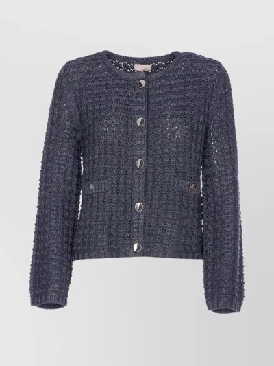 Liu •jo Crewneck Knitted Jacket Frontal Pockets In Blue
